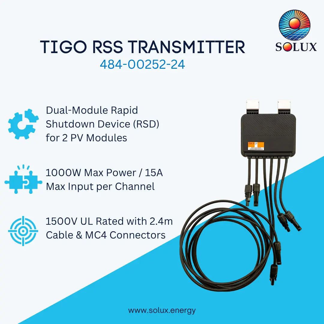 TIGO RSS Transmitter by Solux, model 484-00252-24, featuring a black dual-module rapid shutdown device with attached black cables, shown on a light blue and white background with product specifications and the Solux logo.