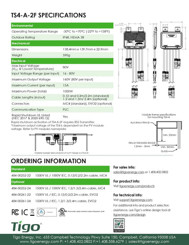 Technical specification sheet and mounting diagram for the Tigo TS4-A-2F module, showing electrical ratings, dimensions, cable lengths, connection types, and installation instructions.
