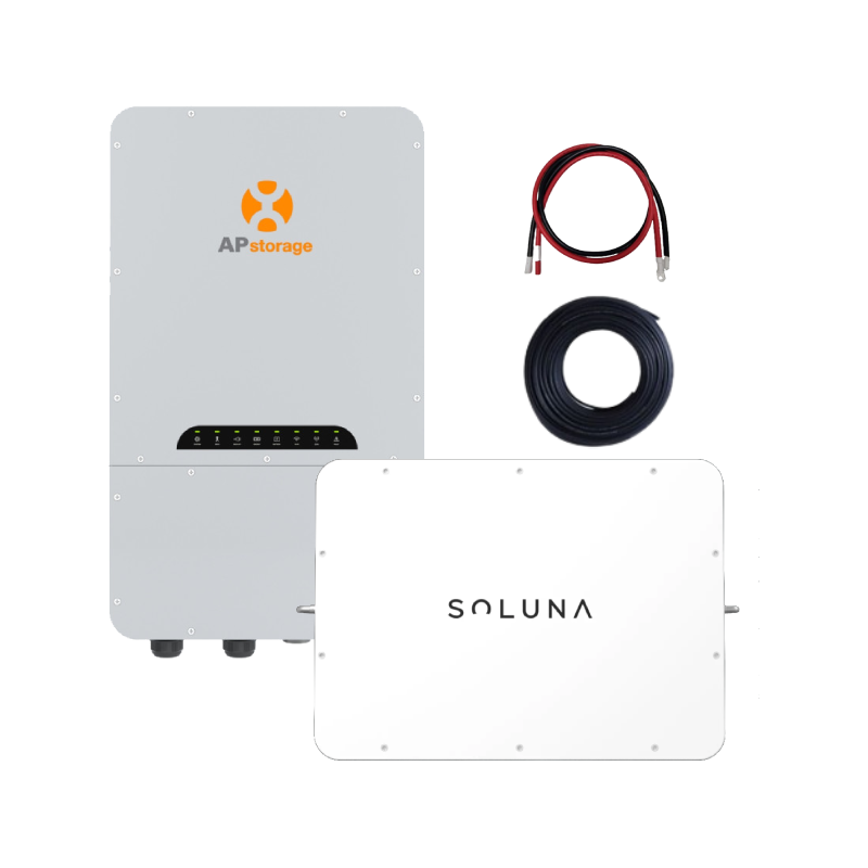 APSmart Soluna 5kWh battery. Includes wall-mounting bracket and communication cables. Positive and Negative power cables not included