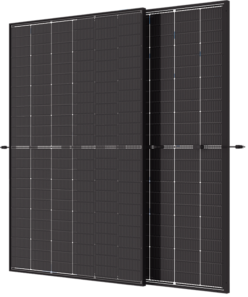 A product image of two trina 440 watt solar panels side by side on a white background
