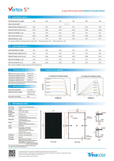 Technical datasheet for the Vertex S+ M type TOPCon dual glass monochrome line module by Trina Solar, featuring electrical data, temperature fade curves, application curves, and mechanical dimensions.