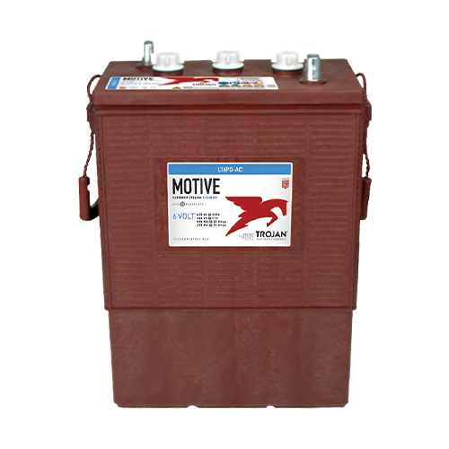 A red Trojan Motive L16H-AC flooded lead-acid battery with branding and model details visible on the label.