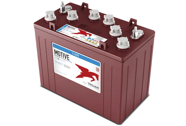 A red Trojan T1275 12V flooded lead acid battery with multiple connectors and a label on the top.
