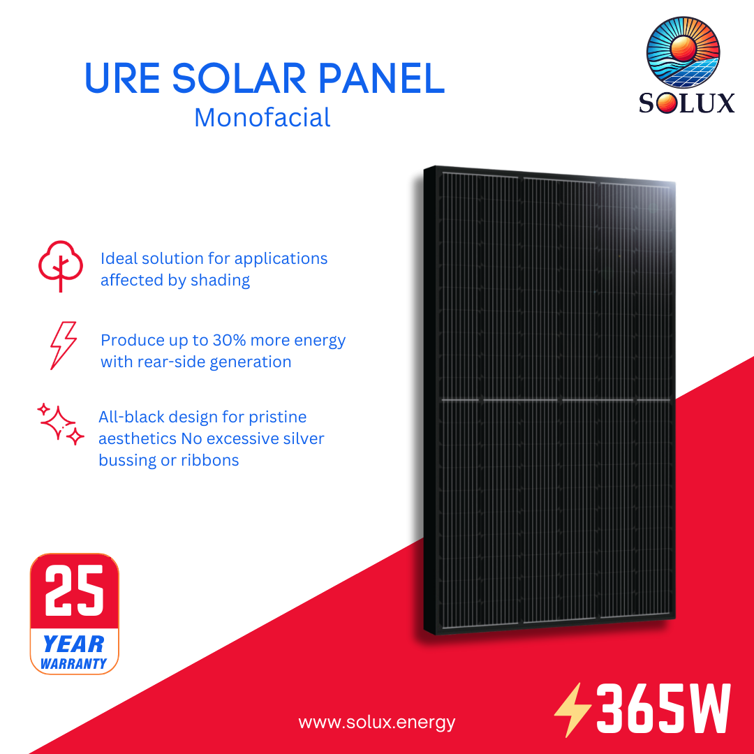 This is an image of URE Solar Panels 365Watt All Black Monofacial