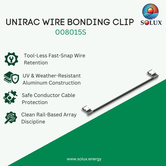 A promotional product graphic for a UNIRAC wire bonding clip, model 008015S, by Solux. The image features a long, slim metallic clip on a split white and green background with several feature callouts: tool-less fast-snap wire retention, UV and weather-resistant aluminum construction, safe conductor cable protection, and clean rail-based array discipline.
