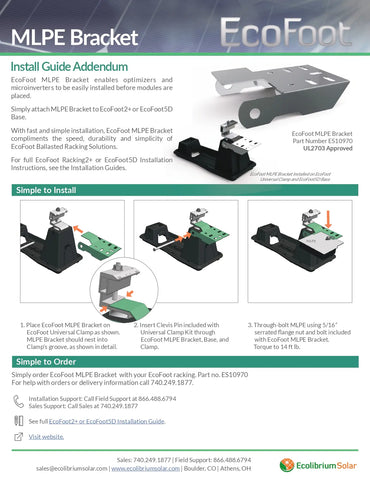 EcoFoot MLPE Bracket ES10970 Install Guide showing a three-step process for mounting the bracket to a solar base.