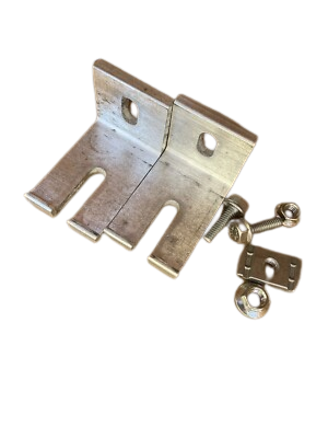 Product Image of ES10843: Silver metal L-brackets, bolts, and nuts hardware kit on a white background.