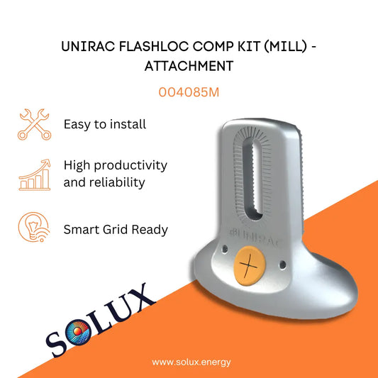 Marketing graphic for the Unirac Flashloc Comp Kit Attachment (Pack of 5) (004085M), featuring a mill-finish aluminum solar attachment for composition shingle roofs with an integrated orange sealant port. The image includes SOLUX branding and icons for easy installation, high productivity and reliability, and smart grid readiness.