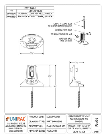 Technical engineering part drawing for the 004085M Unirac 004085M (FlashLoc Comp Kit), featuring an exploded assembly and multi-view dimensional diagrams.