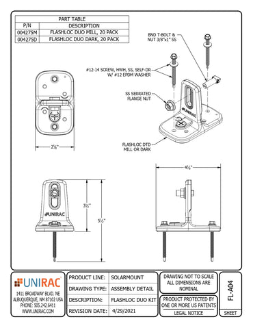 Technical spec sheet for 004275M flashloc duo showing assembly detail, dimensions, and part table