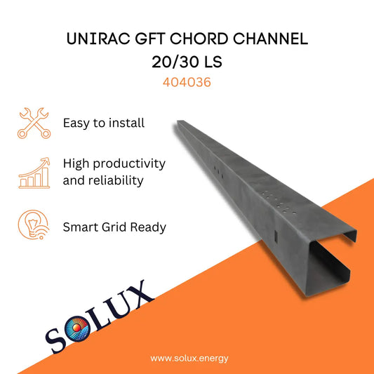 Unirac Ground Fixed Tilt Cord Channel 20/30 LS - 404036 marketing graphic with SOLUX logo and features.