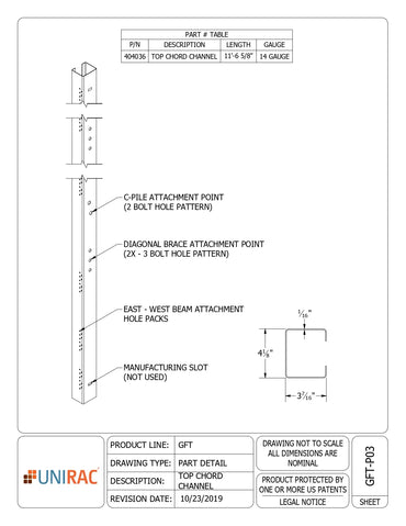 Technical spec sheet for 404036 cord channel showing dimensions, part table, and engineering details.