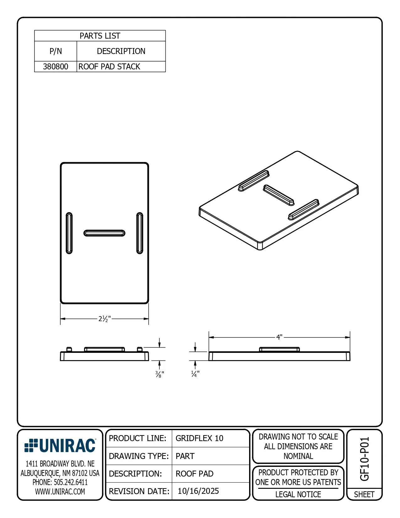 380800-US, 380800 unirac roof pad