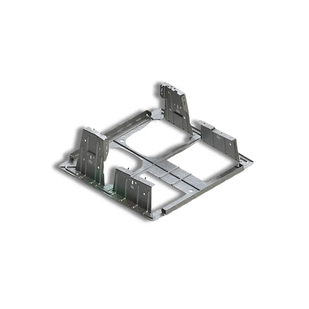 A high-resolution product image 310800 (Unirac ROOFMOUNT RM5 Ballast Bay), featuring a G-90 galvanized steel tray designed for 5-degree tilt commercial solar arrays. This modular component provides a non-penetrating structural foundation for flat-roof PV systems, with integrated mounting points for solar modules and ballast blocks.