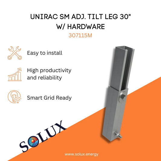 Unirac Adjustable Tilt Leg 30" w/ Hardware 307115M graphic with SOLUX brand logo and features.