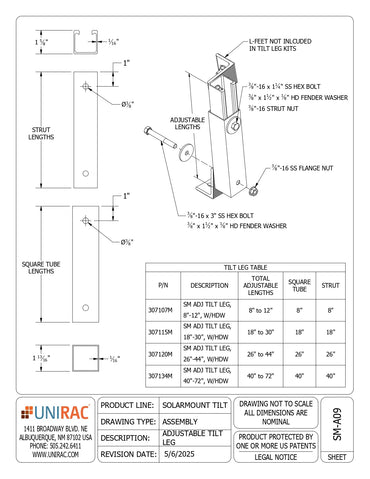 Technical spec sheet for 302029D unirac mid clamp with part dimensions and installation diagram.