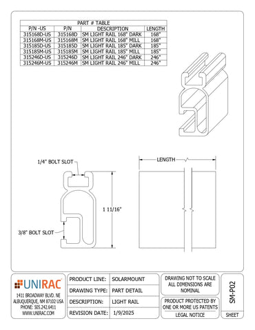 Technical spec sheet for 315246D solar panel roof rails showing rail profile and part details.