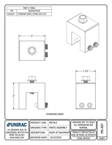 Technical assembly drawing of ES10919 metal standing seam roof clamp with dimensions and isometric views.