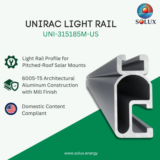 A promotional product graphic for a SOLUX UNIRAC light rail profile, model UNI-315185M-US. The image features a 3D rendering of the silver aluminum profile on the right, set against a split white and green background with product specifications listed on the left.