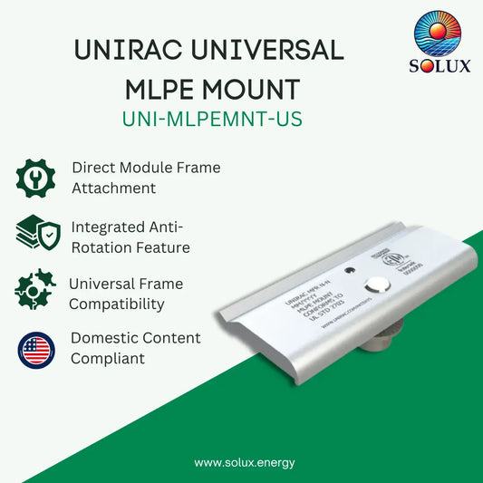 A promotional product graphic for the Solux Unirac Universal MLPE Mount (UNI-MLPEMNT-US). The image features a silver metal mounting bracket on a diagonal green and white background, accompanied by text highlighting key features such as direct module frame attachment, integrated anti-rotation feature, and domestic content compliance.