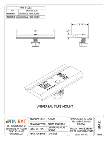 Technical drawing and parts assembly sheet for the UNIRAC Universal Milpe Mount, showing a 3D line drawing, a side profile view with dimensions, and a parts part table on a white background.