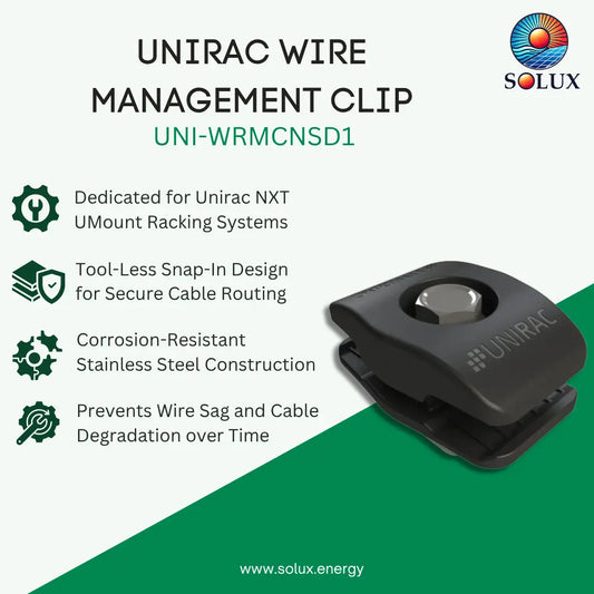UNIRAC wire management clip in black stainless steel, shown on a split white and green background with product features and the Solux logo.