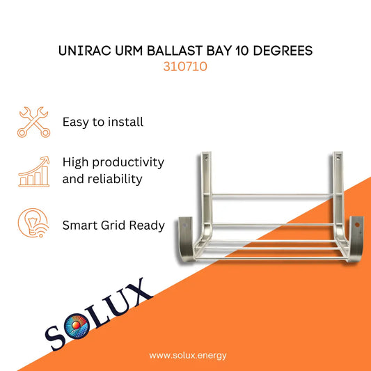 Marketing graphic for the Unirac 10 Degrees Ballast for Solar Panels, 310710 (URM Ballast Bay), featuring a mill-finish aluminum ballast tray frame designed for flat-roof commercial solar arrays. The image includes SOLUX branding and icons for easy installation, high productivity and reliability, and smart grid readiness.