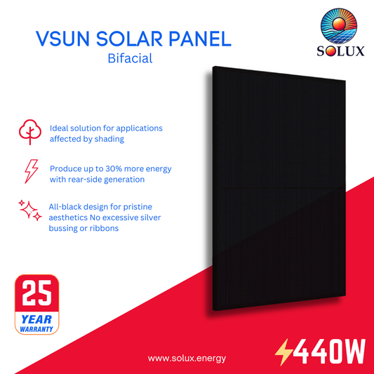 This is an image of VSUN 440 Watt Solar Panel 108 Half-Cell Bifacial Solar Panel