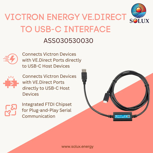 A black Victron VE.Direct to USB-C interface cable by Solux, displayed on a split cream and coral background with product features and text details.
