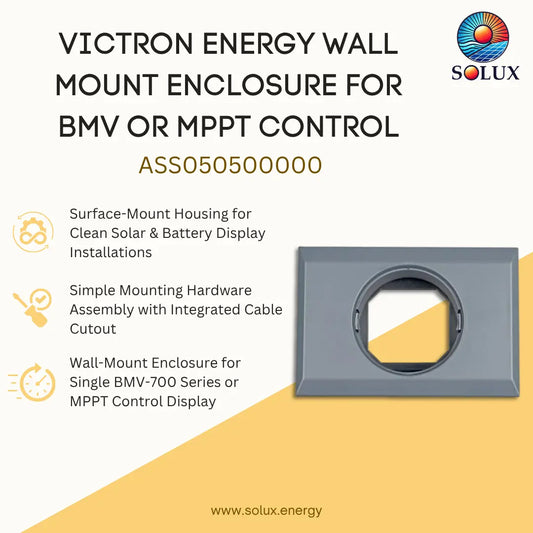 A promotional graphic for a Solux Victor Energy wall mount enclosure for BMV or MPPT control, showing a gray rectangular mounting frame with a circular cutout on a cream and yellow background with product text and the Solux logo.