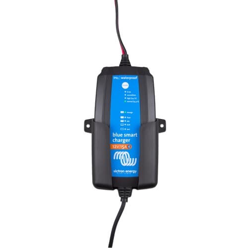 Blue smart charger with Victron Energy branding on a white background