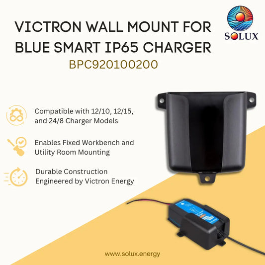 A promotional graphic for a Solux Victron wall mount adapter, showing a black plastic wall mount bracket and a blue/black IP65 charger. The image includes text detailing compatibility with 12/10, 12/15, and 24/8 charger models, and features the Solux and Victron logos.