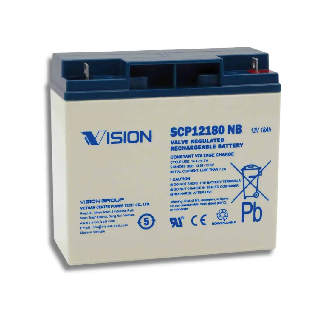 A Vision Group VISION SCP12180 NB valve regulated rechargeable battery, featuring a cream-colored body with blue text and a dark blue top casing, shown on a white background.