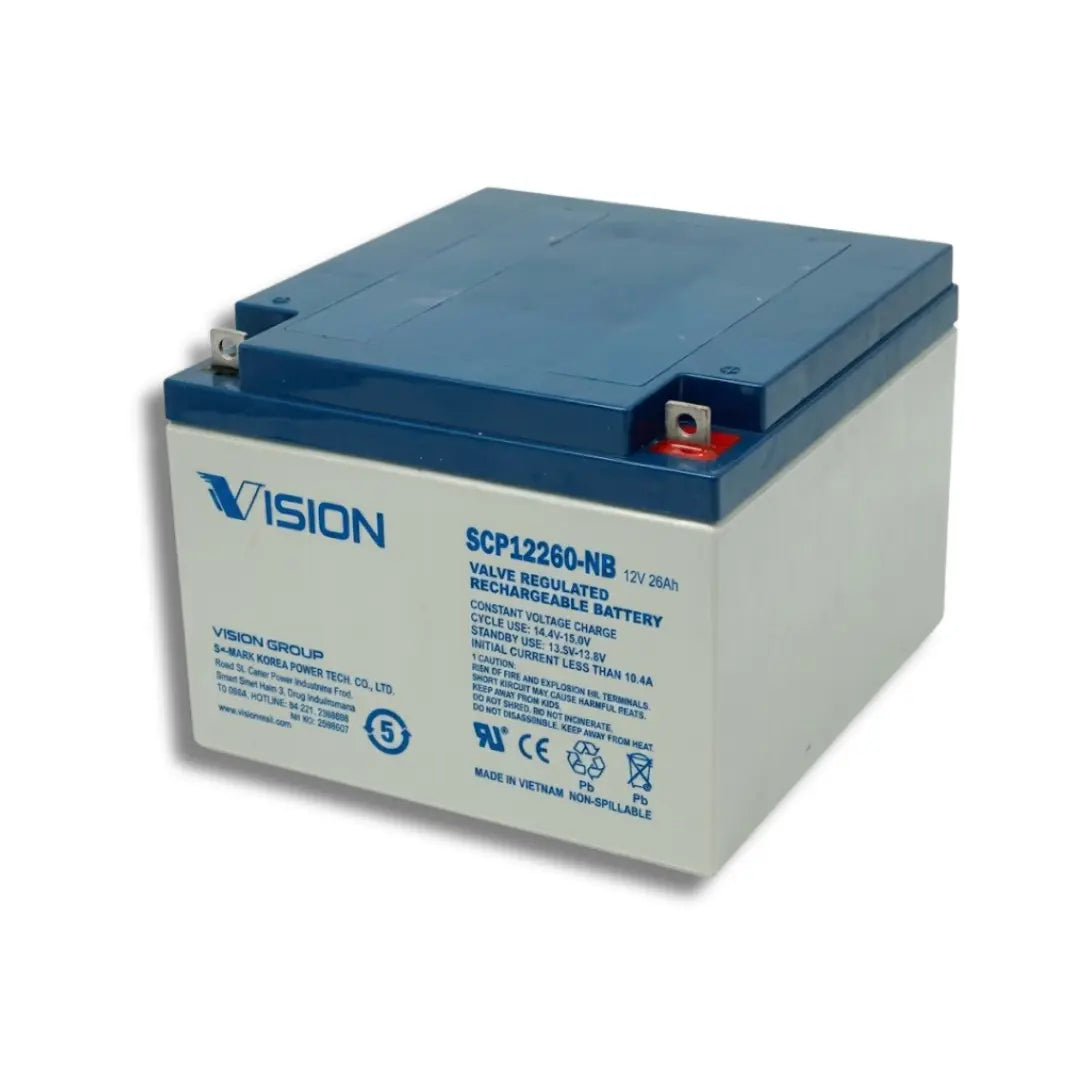 A Vision Group 12V rechargeable lead-acid battery, model SCP12280-NB, with a blue top cover and white side casing, shown on a white background.