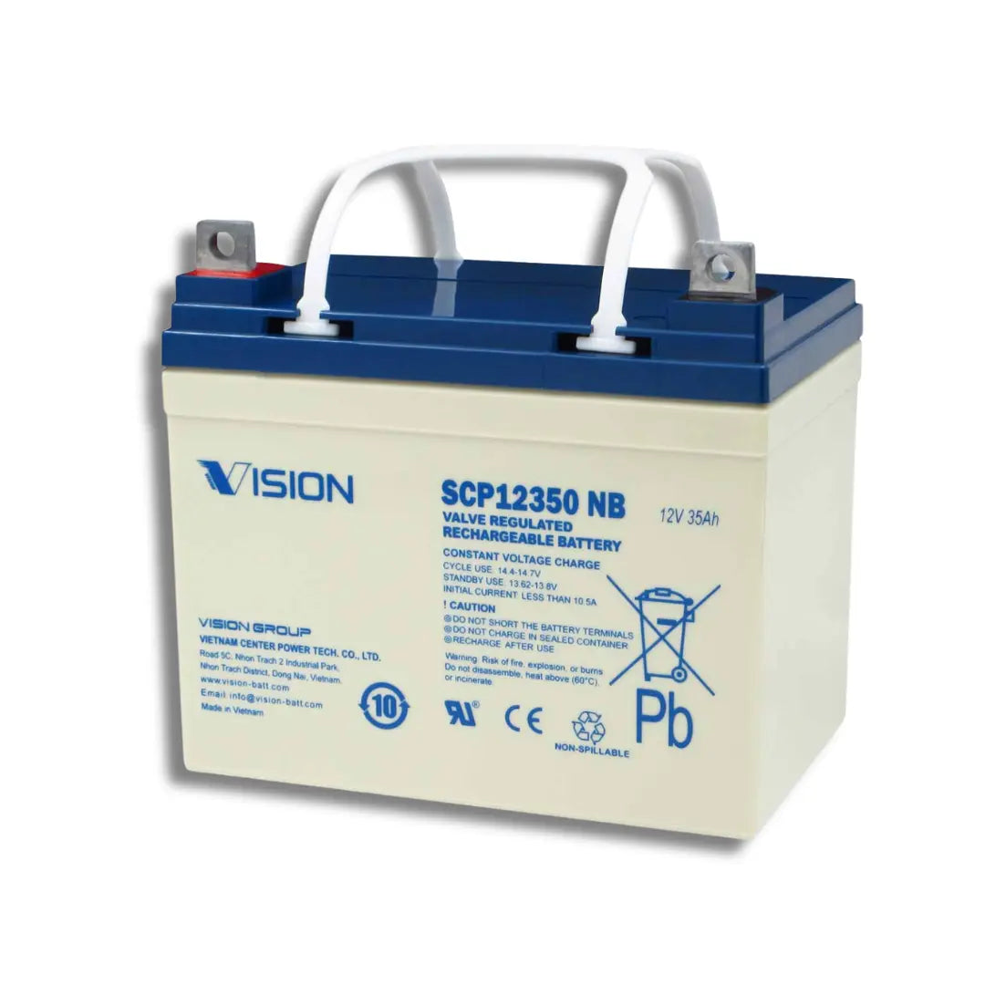 A Vision Group Vision Power SCP12350 NB valve regulated rechargeable battery, 12V 35Ah, with a cream-colored casing, blue top cover, and white carrying handles.