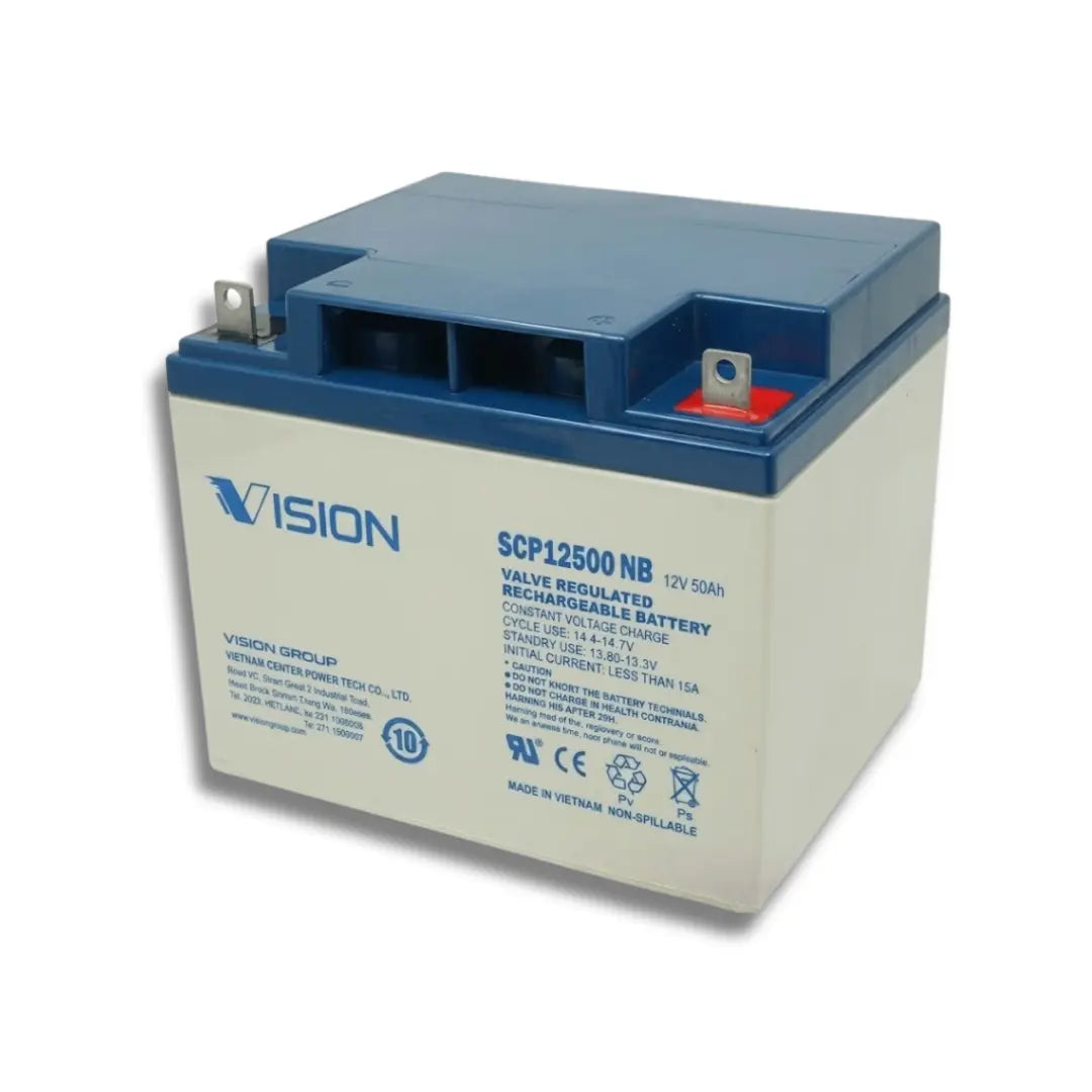 A Vision brand lead-acid rechargeable battery with a blue top cover and white body, featuring printed specifications and safety labels on the front.