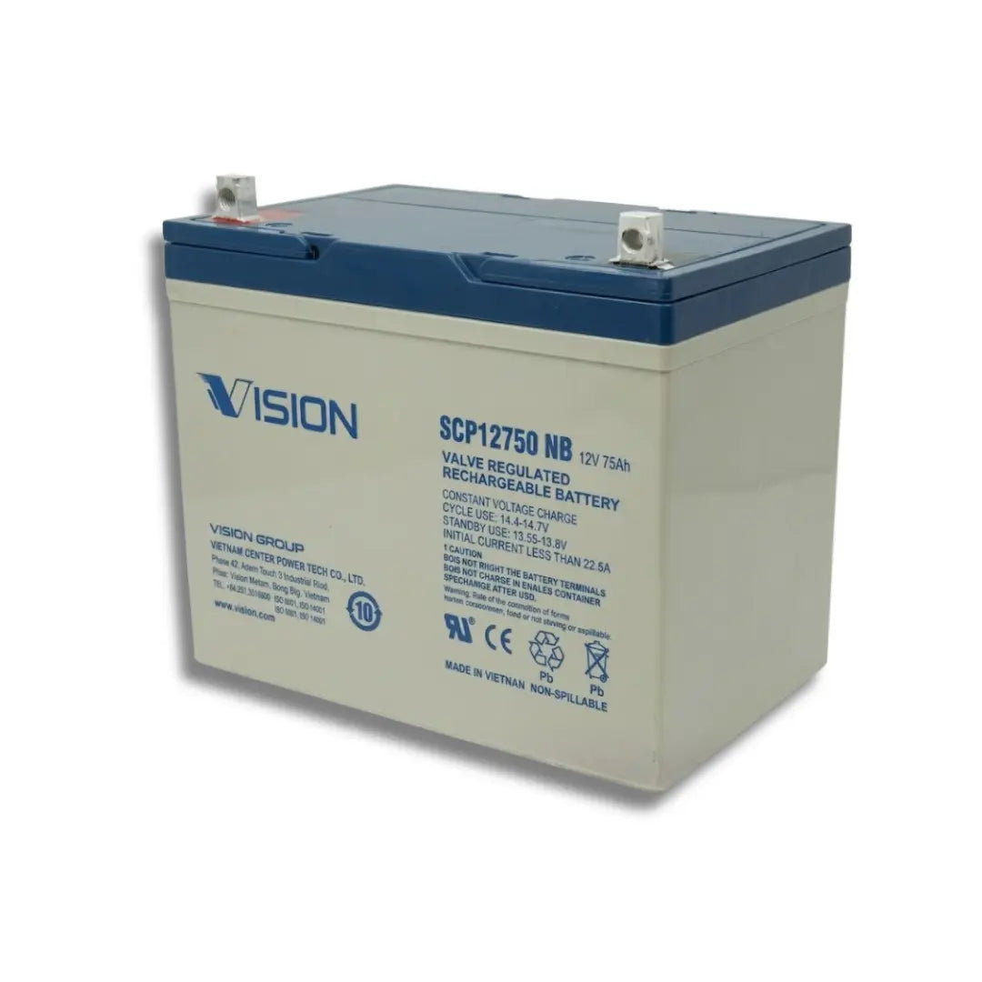 A single product image of Vision Group battery model SCP12750 NB, 12V 750Ah, with a blue top cover and a light gray body, shown on a white background.