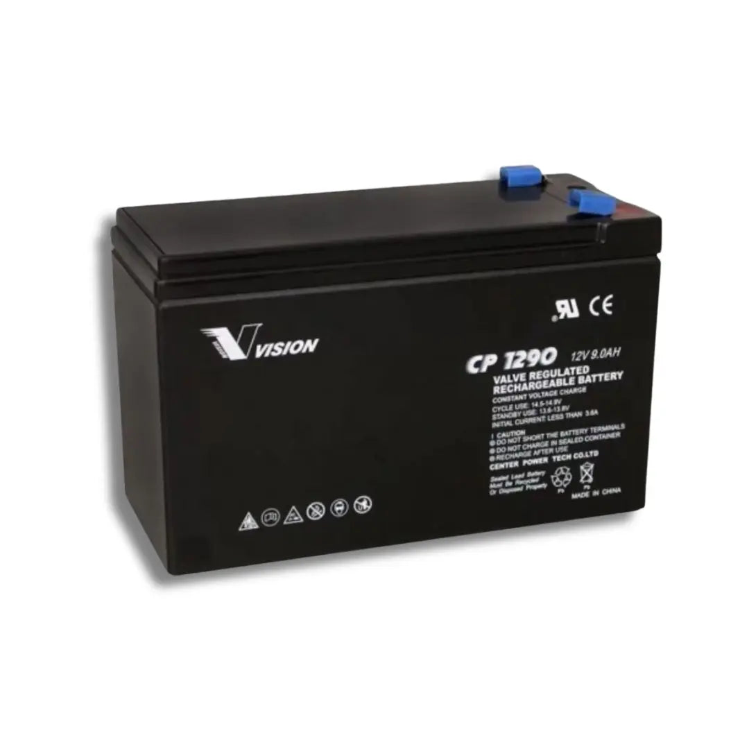 A black Vision brand CP1290 valve-regulated rechargeable battery with blue terminal caps, shown on a plain white background.