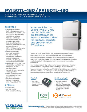A technical specification and feature sheet for Yaskawa Solitaire Solar PVI 50T-480 and PVI 60T-480 commercial string inverters, with text sections, feature highlights, and logos for Yaskawa, Solitaire, Tigo, and AP smart.