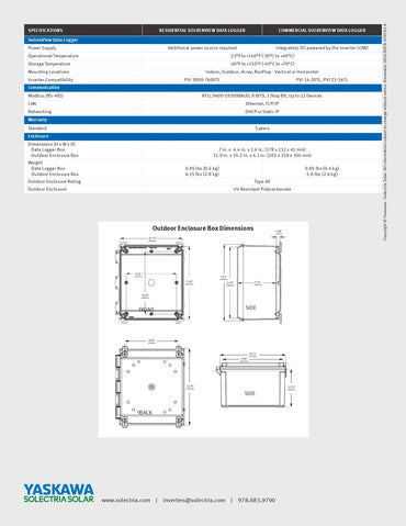A technical specification and dimension sheet for a Yaskawa Sollectra Solar outdoor enclosure box. The document features a table with product details on the top half and a dimension diagram on the bottom half, set against a light gray background.