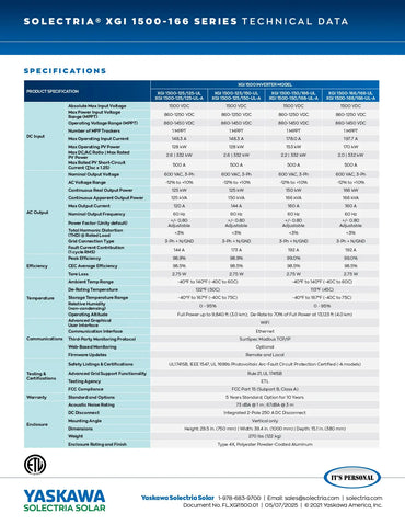 A technical data sheet page for Solectria XGI 1500-1800 Series photovoltaic modules, showing a detailed specifications table with product ratings, performance metrics, and testing certifications. The page includes the Solectria Solar logo and the Yaskawa Sollectria Solar branding at the bottom.