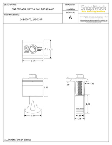 Technical drawing of a SnapNrack Ultra Rail Mid Clamp with dimensions and specifications.