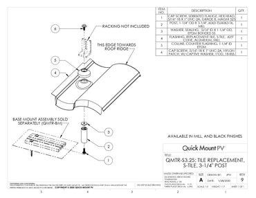 Quick Mount QMTR-S3.25-B-12 Tile Replacement, S-Tile, 3-1/4" Post, Black (Minimum Purchase: 10 units)