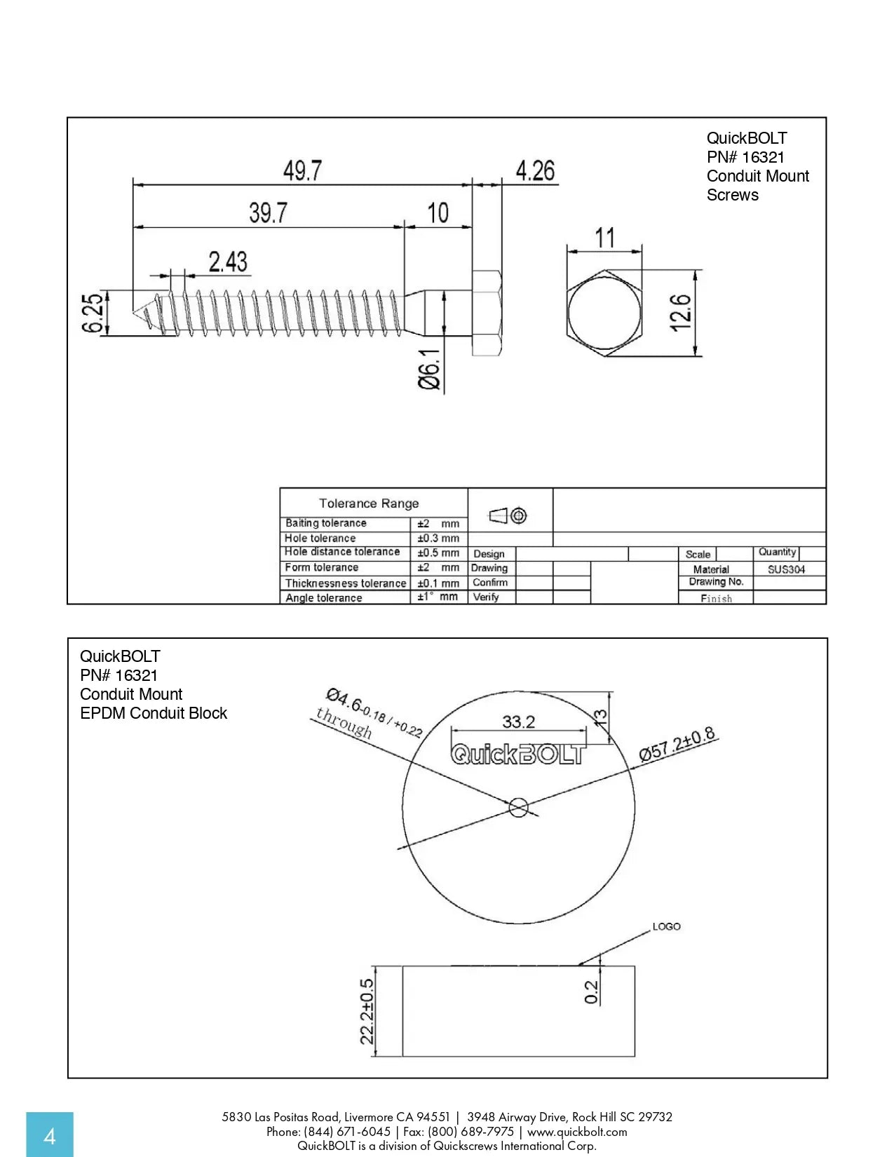 Quickscrews 16322 CONDUIT PUCK, EPDM Mount w/Screw, KIT