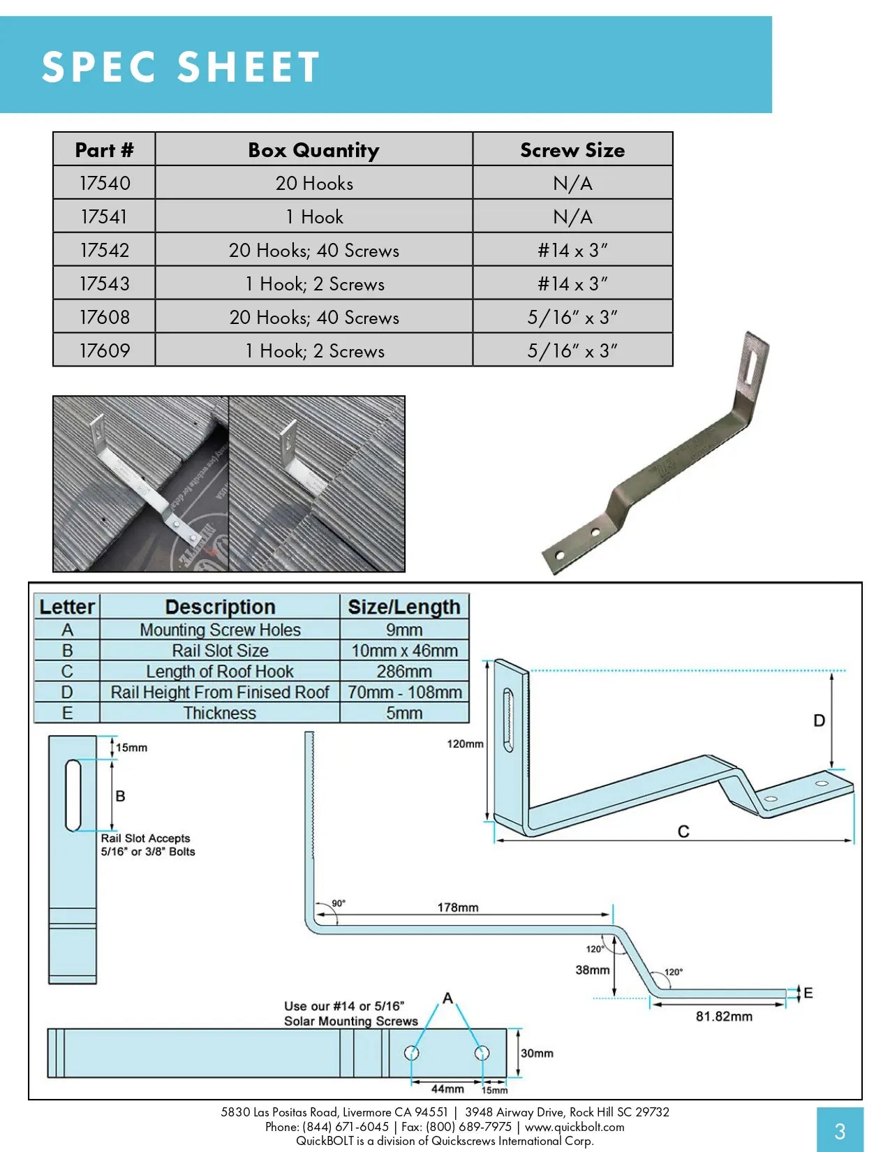 Quickscrews 17608 FLAT TILE HOOK, 38MM 5/16Kit