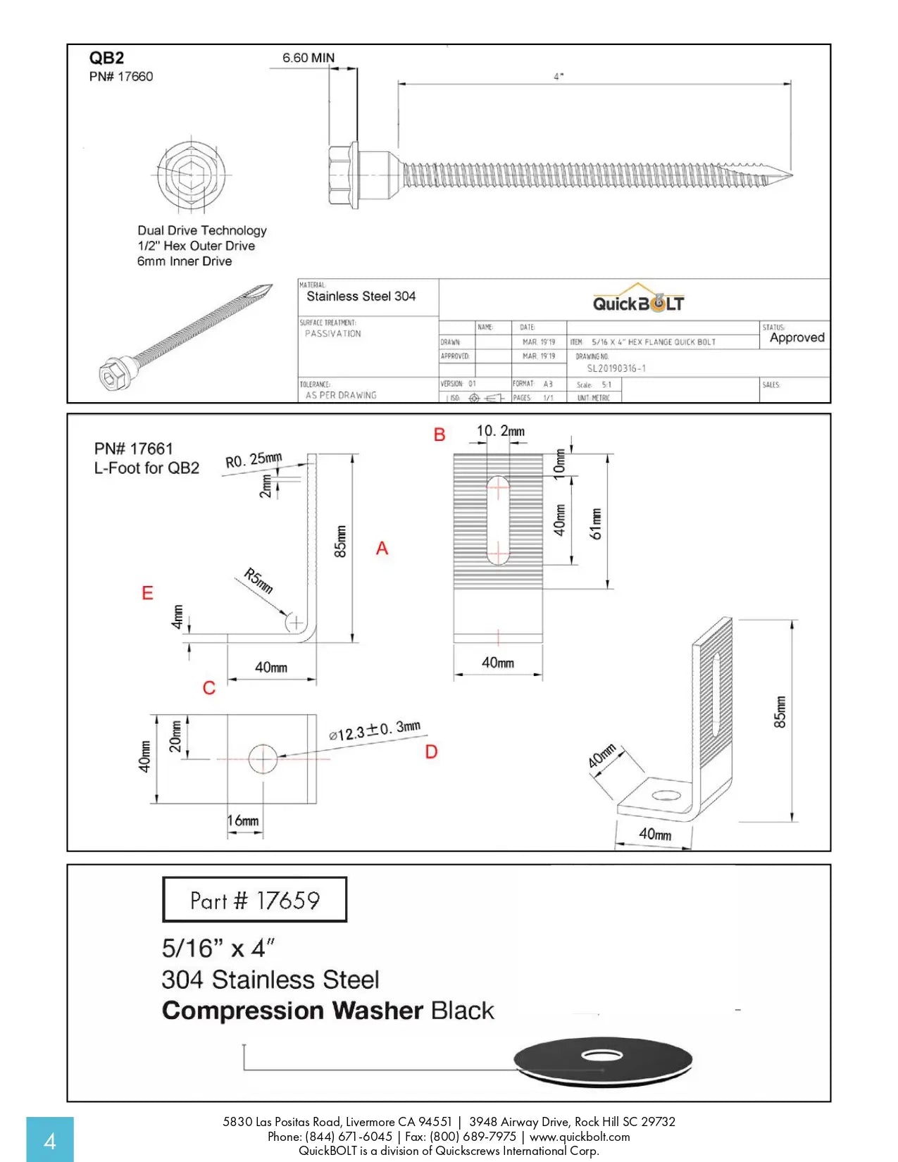 Quickscrews 17662 QB2 KIT, With 3“ Microflashing