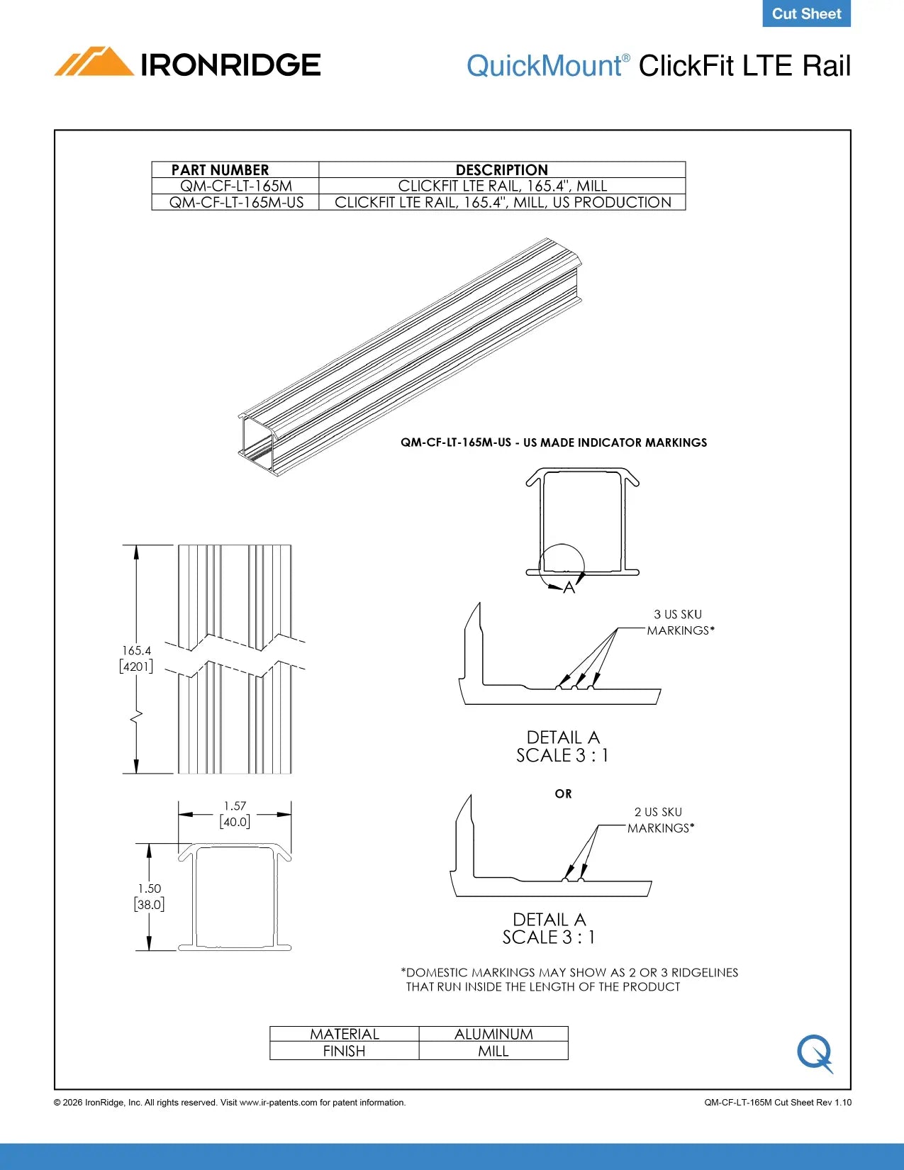 IronRidge QM-CF-LT-165M LTE Rail 165.4" - Mill