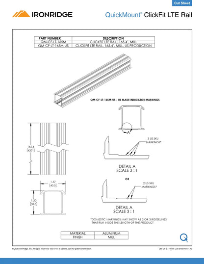 IronRidge QM-CF-LT-165M LTE Rail 165.4" - Mill