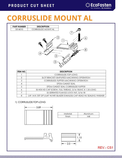 EcoFasten 3014010 CorruSlide Solar Panel Mount for Corrugated Metal Roofs