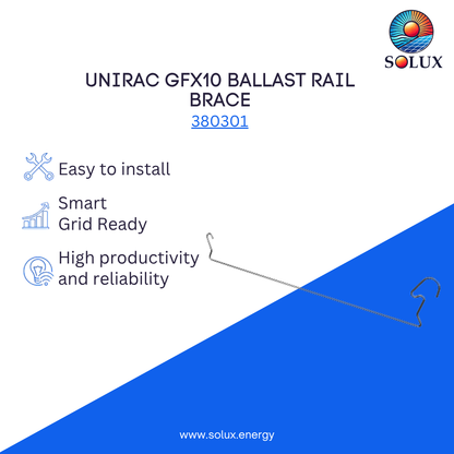 Unirac GFX10 BALLAST RAIL BRACE on a framed Solux' branding background. Easy to install, smart grid ready and high productivity and reliability.